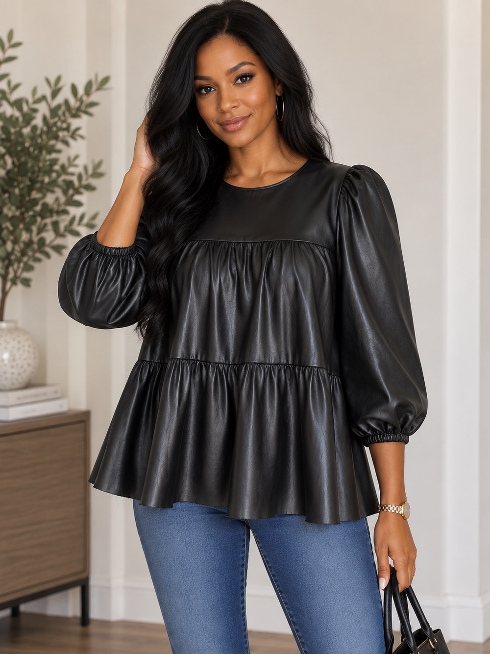 Zara Black Faux Leather Babydoll Top Tiered Puff Sleeve Tunic L 2072/451⁠